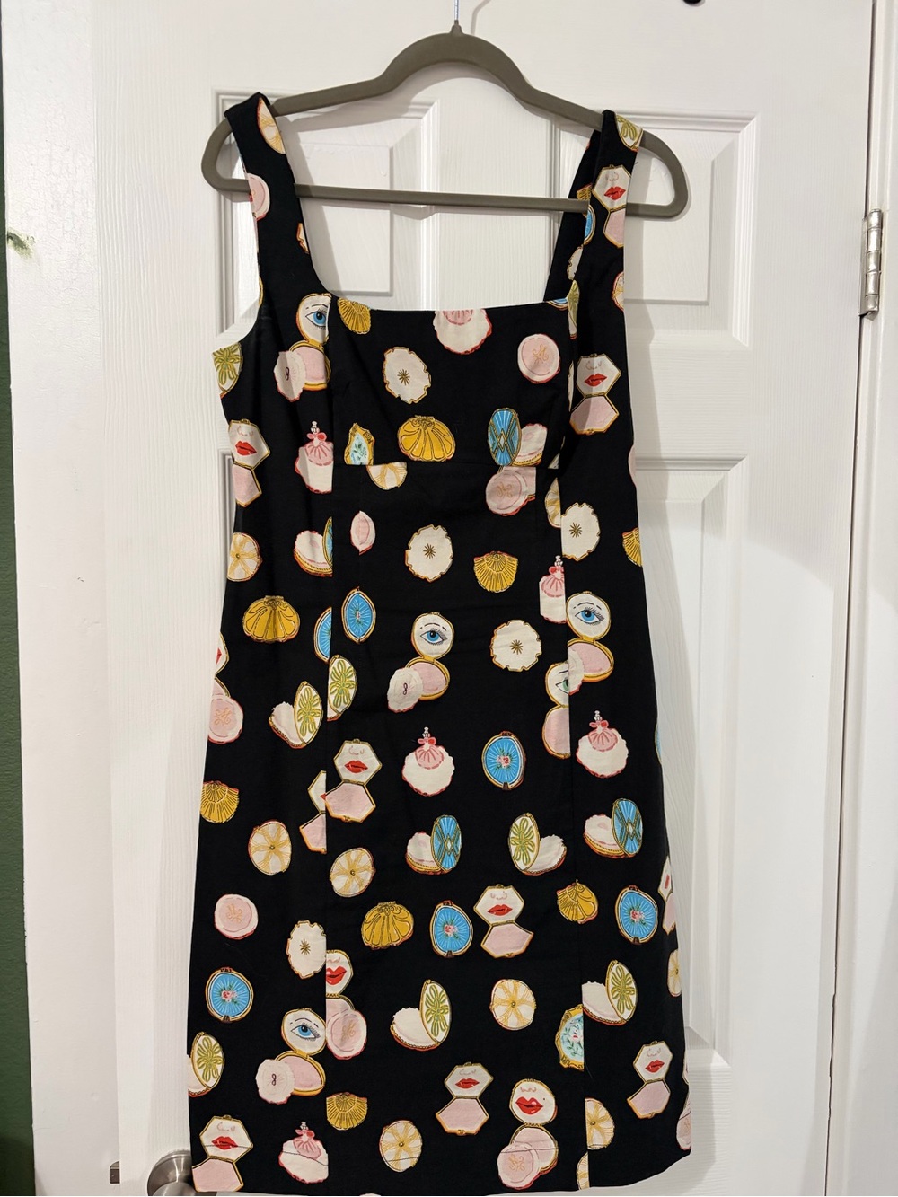 Maeve Black Midi Dress with Multi-Color Cosmetic Print